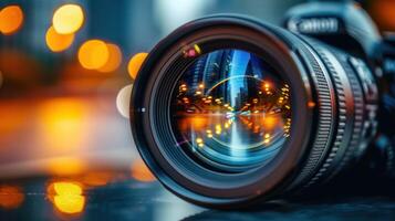 A professional camera lens captures the vibrant lights and architecture of the city at night. photo