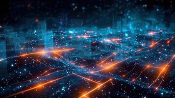 A mesmerizing digital cityscape with glowing lines and interconnected data streams, futuristic. photo