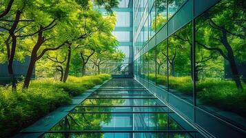 A modern building with a glass facade reflects green trees and natural environment. photo