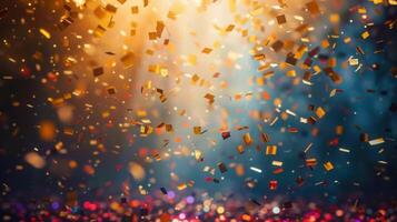 Golden confetti raining down with blurred lights creates a festive and celebratory mood. photo