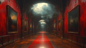 A captivating hallway scene with framed artworks and a red carpet under dramatic lighting. photo