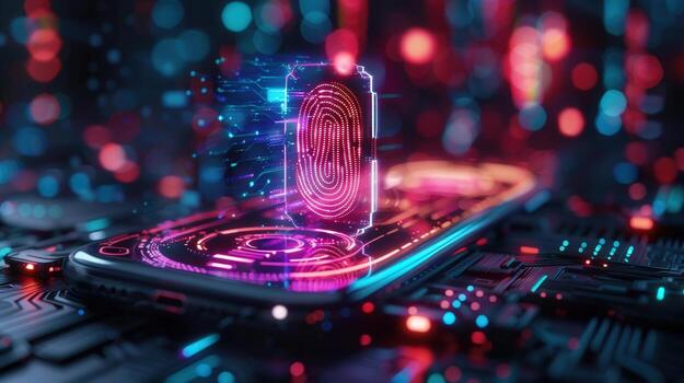 Digital fingerprint scanner glowing over a smartphone to represent cybersecurity and protection. photo