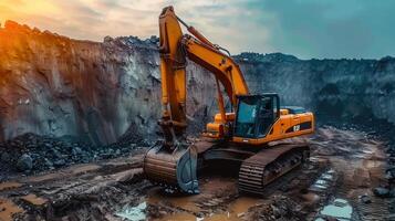 A large yellow excavator diligently works on a construction site at a quarry. photo