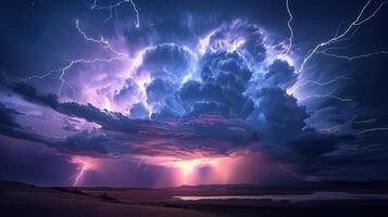 Spectacular view of a thunderstorm, where lightning dramatically lights up the dark clouds. photo