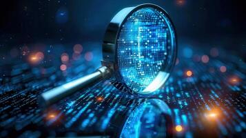 A magnifying glass focusing on digital data, exploring technology and internet concepts. photo