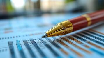 A detailed close-up shot features a pen resting on financial charts and reports. photo