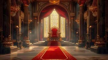 The throne room exudes opulence and power with its red carpet leading to a majestic throne. photo