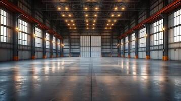 An expansive, empty warehouse interior showcases a sleek industrial design and open, bright spaces. photo