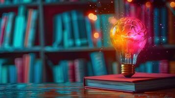 A colorful brain-shaped lightbulb sits on a book in front of a bookshelf, representing ideas. photo