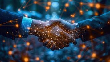 A glowing digital handshake symbolizes business partnership and technological advancements. photo