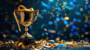 A shimmering golden trophy with ribbons and confetti, perfect for celebrating victories and awards. photo