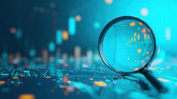 A magnifying glass over financial data, symbolizing market analysis and investment research. photo