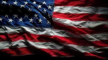 A beautiful close-up view of the waving american flag, displaying its iconic stars and stripes. photo
