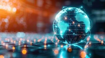 A digital representation of the globe with interconnected lines, suggesting global networks. photo