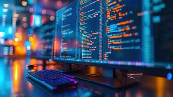A vibrant display of programming code illuminates a computer screen in a modern workspace setting. photo