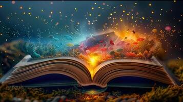 An open book bursts with vibrant plants and dazzling lights, creating a magical fantasy world. photo