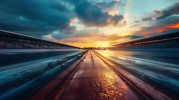 A wet racetrack at sunset, showcasing the beautiful sky and the horizon's vibrant colors. photo