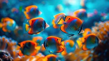 A cluster of brightly colored butterflyfish swimming around coral reefs in the ocean. photo