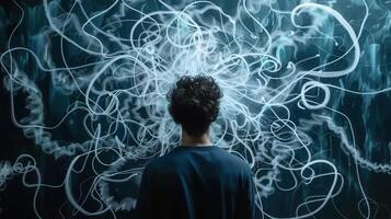 A person gazing at a complex white art design, representing ideas and thoughts. photo