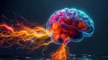 An artistic rendering of a brain, with luminous energy currents depicting thought processes. photo