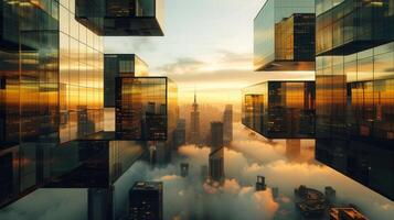 A vibrant cityscape with mirrored buildings and a beautiful cloud-filled sky at sunset. photo