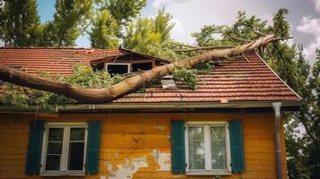 A large tree trunk rests upon the roof of a house, showcasing severe storm damage and destruction. photo