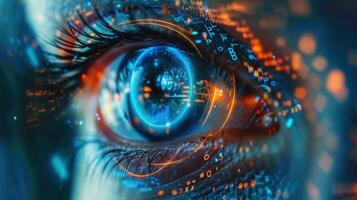 A captivating close-up of an eye, merging with digital circuits and futuristic technology. photo