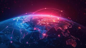 A vibrant depiction of the earth, linked by glowing networks, portraying global connection. photo