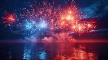 Vibrant fireworks paint the night sky above the serene ocean, creating a stunning display. photo