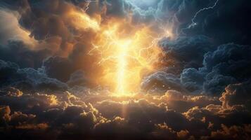 Powerful lightning bolt erupts amidst dark, ominous clouds, creating a striking scene. photo