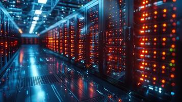 Inside a modern data center, server racks glow with data processing and storage activity. photo
