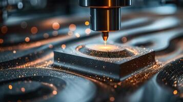 A close-up view of a cnc machine working on a piece of metal with sparks illuminated. photo