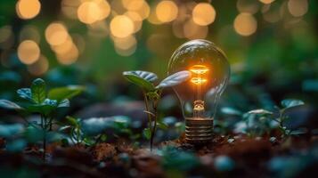 An illuminating light bulb with green growth, symbolizing new ideas and innovation. photo
