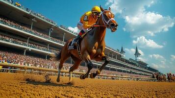 A brown racehorse with a jockey in action, galloping swiftly during a horse race event. photo