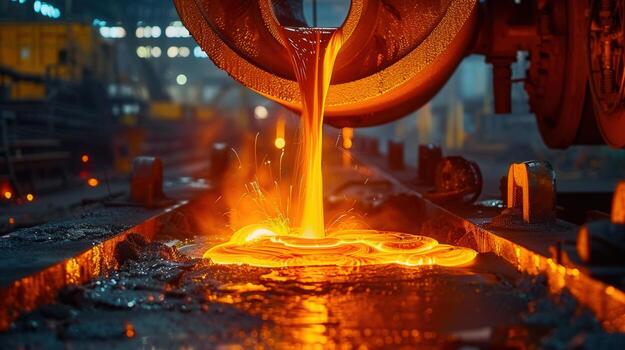 Dramatic shot of molten steel being poured in a factory setting, creating bright sparks. photo