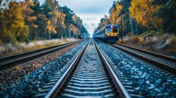 A passenger train travels along the railway tracks through a vibrant forest during autumn. photo