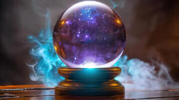 A glowing crystal ball with a universe inside amidst wisps of smoke and mystery. photo