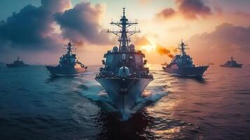 A squadron of naval ships navigating across the ocean during a sunset, with dramatic skies. photo