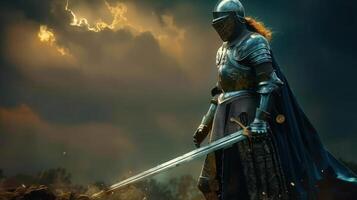 A formidable knight stands ready for combat, clad in gleaming armor, holding a large sword. photo