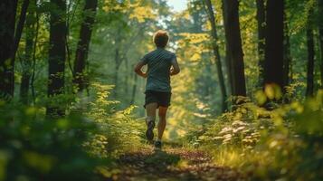 A man sprints along a forest trail, surrounded by green trees and sunshine in the woods. photo