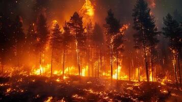 A dramatic scene of a raging forest fire, with flames engulfing the trees and sky. photo