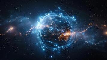An ethereal depiction of Earth surrounded by glowing energy fields in the vast, starry expanse of space. photo