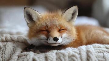 A serene red fox rests peacefully, its eyes closed, on a comfortable, white knitted blanket. photo