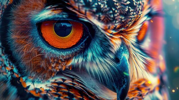 Intense gaze of an owl, showcasing its striking orange eye and detailed feather patterns in close-up. photo