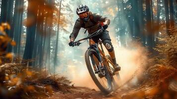 A mountain biker rides through a forest trail, kicking up dust with speed and precision. photo