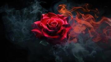 A stunning red rose emerges from swirling smoke, captivating with beauty and bold colors. photo