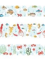 Tropical Seamless Borders Set, Colorful Fish, axolotl, squid and Crab in Flat Design. Perfect for Marine-Themed Websites, Kids Room Decor and Ocean Party Invitations. Repeatable Patterns. vector