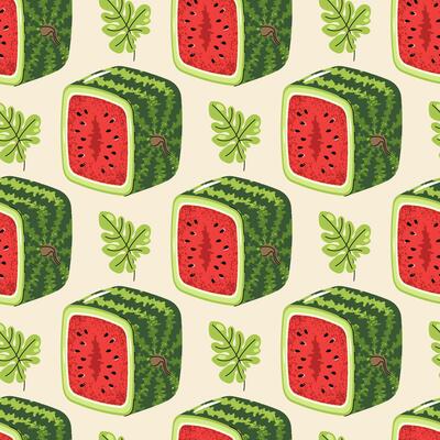Square Watermelon Half Seamless Pattern. Flat Geometric Fruit Design for Juice Packaging, Kitchen Decor, Hipster Logos, Modern Wallpaper. Fresh Style