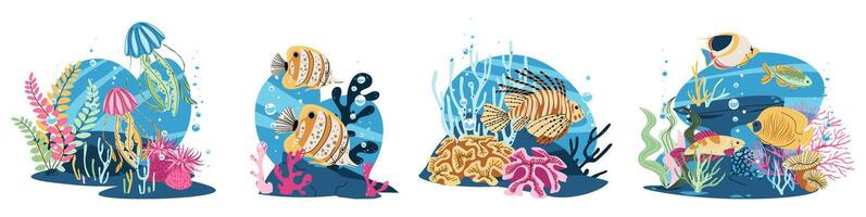 Tropical fish set in flat design. Includes lionfish, butterflyfish and jellyfish with coral reef. Isolated on white background. Ideal for marine biology materials and ocean conservation projects. vector