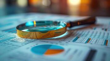 Magnifying glass placed on financial charts, showing detailed analysis and business strategy. photo